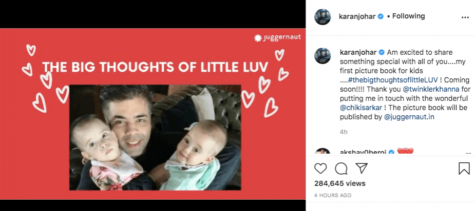 Karan Johar's Instagram post on his new book. Karan Johar Instagram post