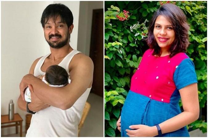 Nakul with his baby in one picture and Sruti Bhaskar in the other. Nakul with wife Sruti
