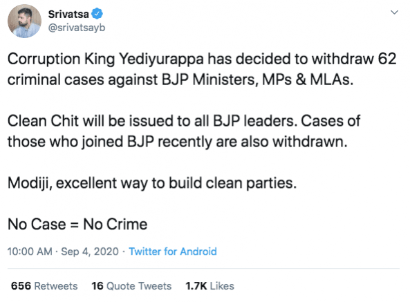 Tweet on Karnataka BJP