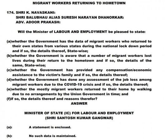 Response from GoI on data on Migrants Question Hour