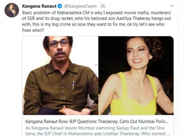 Kangana Ranaut's tweet on Maharashtra Chief Minister Uddhav Thackeray