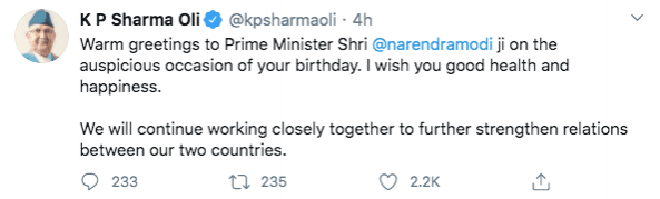 KP Sharma Oli tweet