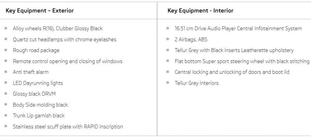 Skoda Rapid TSI Onyx Skoda Rapid TSI Onyx features