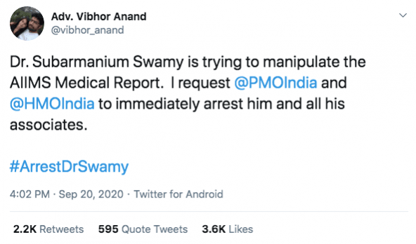 Tweet against Dr Subramanian Swamy