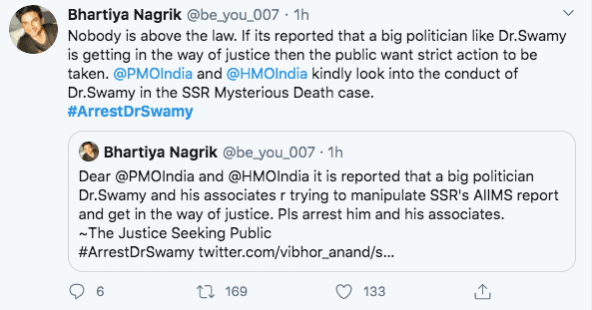 Tweet against Dr Subramanian Swamy