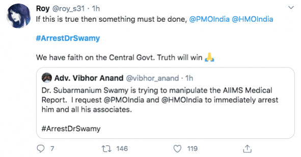 Tweet against Dr Subramanian Swamy