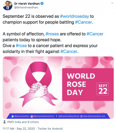 Health minister Harsh Vardhan on World Rose Day