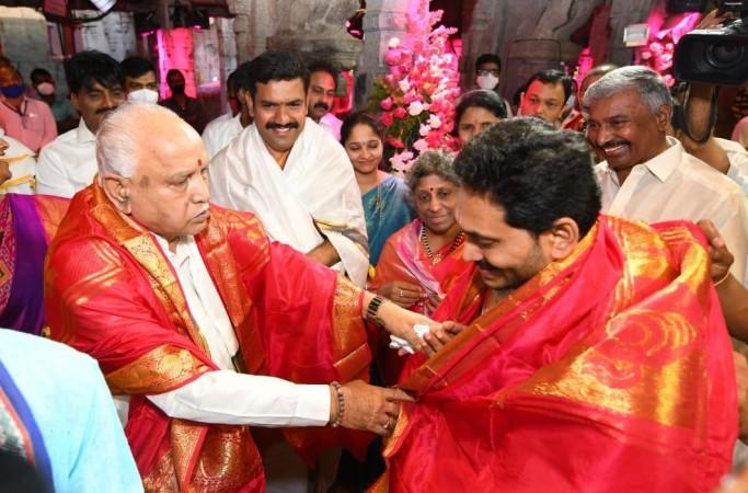 Andhra Pradesh Chief Minister YS Jaganmohan Reddy and his Karnataka counterpart BS Yediyurappa visited Lord Balaji temple in Tirumala at Tirupati in Chittoor district of the state for darshan