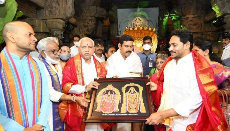 Andhra Pradesh Chief Minister YS Jaganmohan Reddy and his Karnataka counterpart BS Yediyurappa visited Lord Balaji temple in Tirumala at Tirupati in Chittoor district of the state for darshan