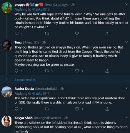 Screenshot of Twitter thread on sushant's dead body
