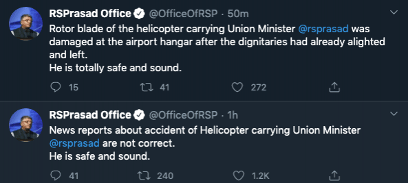 Fact-check: Union Minister Ravi Shankar Prasad is safe; wasn't onboard when chopper broke