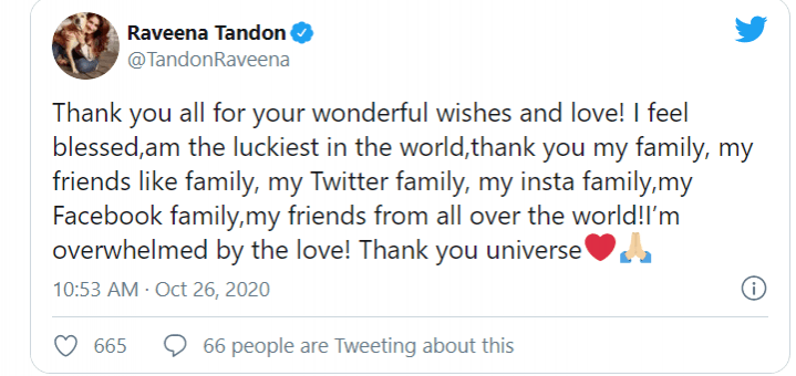 Raveena Thanks Fans