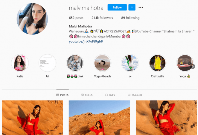 Malvi Malhotra instagram profile