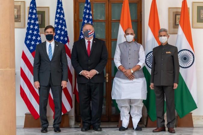 Defence Minister Rajanth Singh and External Affairs Minister S Jaishankar with their US counterparts Mark T Esper and Micheal Pompeo in New Delhi on Tuesday. 2 2 dialogue - Jaishankar, Rajnath with Esper, Pompeo