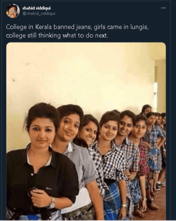 Social media posts claiming Kerala college girls wore lungi to protest against jeans ban are fake Social media posts claiming Kerala college girls wore lungi to protest against jeans ban are fake