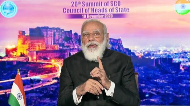 Prime Minister Narendra Modi addressing the SCO meeting on Tuesday, via video conference. Modi at SCO