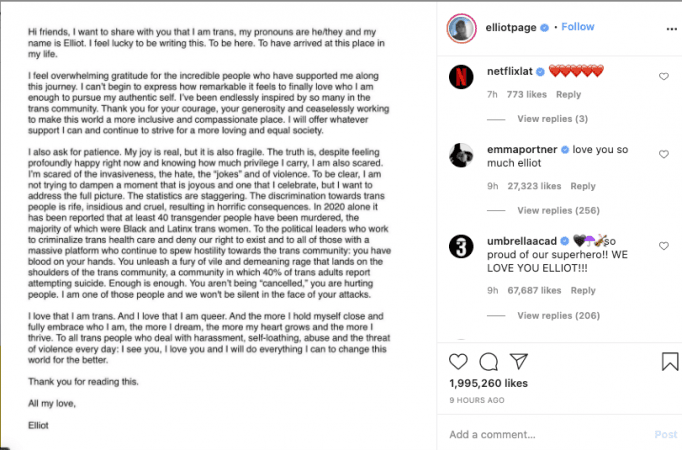 Elliot Page comes out trans Elliot Page
