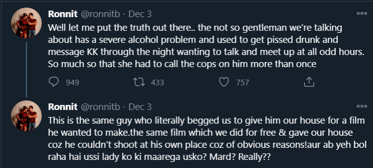 Ronnit's tweet alleging Abhinav as a drunkard