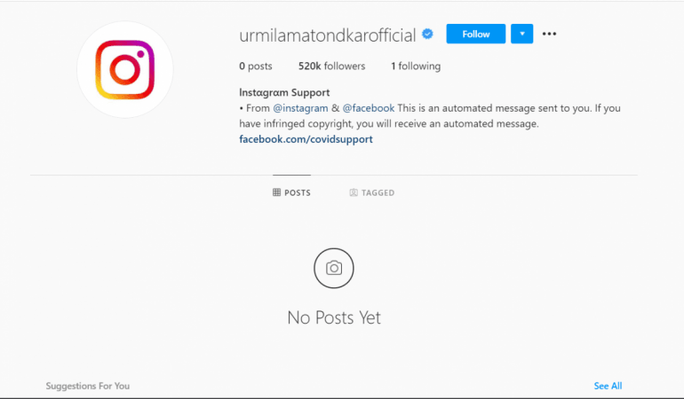 Urmila Matondkar's instagram account