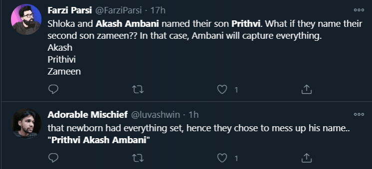 Netizens react to Akash Ambani's son named as Prithvi