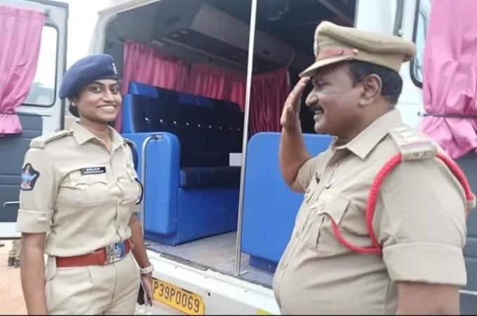 Andhra police inspector father salutes DSP daughter in Tirupati. Police salute