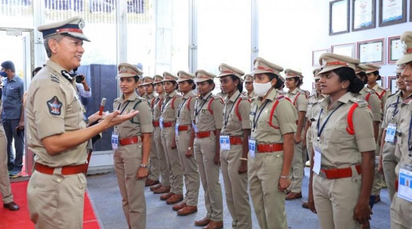 Andhra Pradesh DGP Gautam Sawang interacts with women police personnel. Andhra DGP