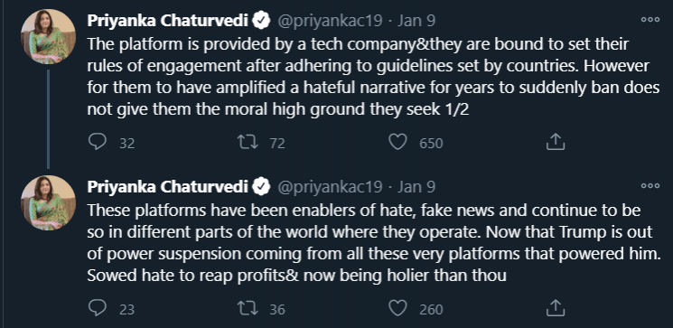 Shiv Sena leader Priyanka Chaturvedi also slammed Twitter for reaping benefits of Trump's