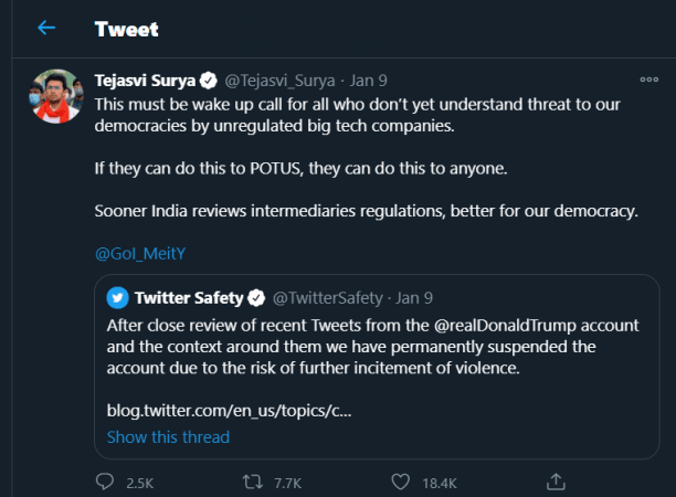 Tejasvi Surya, MP, BJP Tweet over DOnald Trump issue