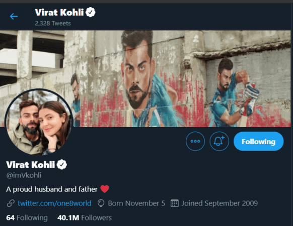 Virat changes his Twitter bio