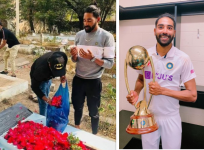 Mohammed Siraj at his father's grave, with the Border- Gavaskar trophy