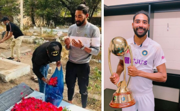 Mohammed Siraj at his father's grave, with the Border- Gavaskar trophy