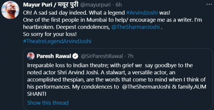 Celebs condole death of Arvind Joshi