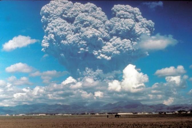This photo, taken on June 12, 1991, shows the eruption column of Mount Pinatubo on Luzon Island in the Philippines. The eruption--the largest on Earth in the past 100 years--ejected particles into the stratosphere, more than 6 miles above the planet's surface. New research uses ice core data to rewrite the past 2,600 years of large stratospheric eruptions like this one / Dave Harlow/USGS Mount Pinatubo