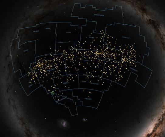 The Pisces-Eridanus stream spans 1,300 light-years, sprawling across 14 constellations and one-third of the sky. Yellow dots show the locations of known or suspected members, with TOI 451 circled. TESS observations show that the stream is about 120 million years old, comparable to the famous Pleiades cluster in Taurus (upper left). Credit: NASA's Goddard Space Flight Center Pisces-Eridanus stream
