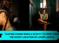 Taapsee Pannu rides a scooty to ferry herself from the shoot location of Looop Lapeta to her vanity van in Goa