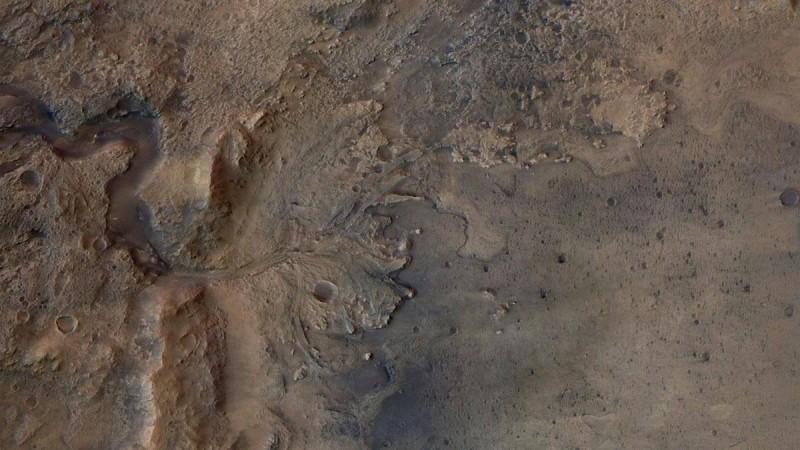 Jezero Crater as Seen by ESA's Mars Express Orbiter: This image shows the remains of an ancient delta in Mars' Jezero Crater, which NASA's Perseverance Mars rover will explore for signs of fossilized microbial life. Jezero Crater