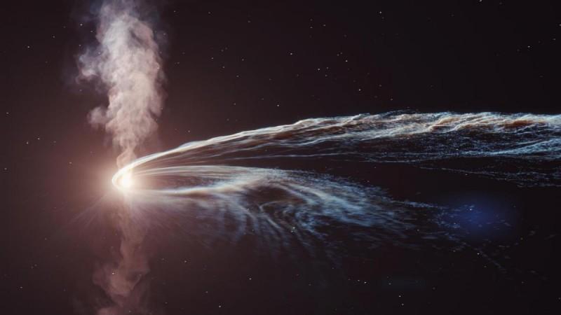 After the supermassive black hole tore the star apart, roughly half of the star debris was flung back out into space, while the remainder formed a glowing accretion disc around the black hole. The system shone brightly across many wavelengths and is thought to have produced energetic, jet-like outflows perpendicular to the accretion disc. A central, powerful engine near the accretion disc spewed out these fast subatomic particles star