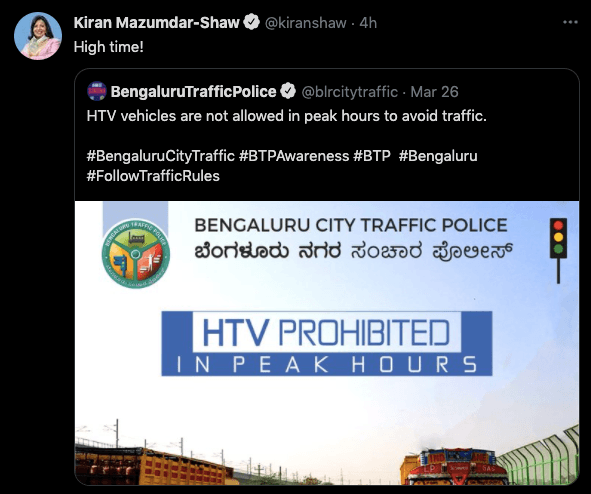 Bengaluru traffic police prohibits HTV vehicles in peak hours