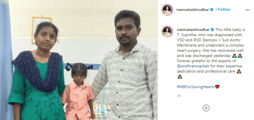 Namrata Shirodkar's Instagram post on Mahesh Babu's help to save a kid Namrata Shirodkar's Instagram post on Mahesh Babu's help to save a kid