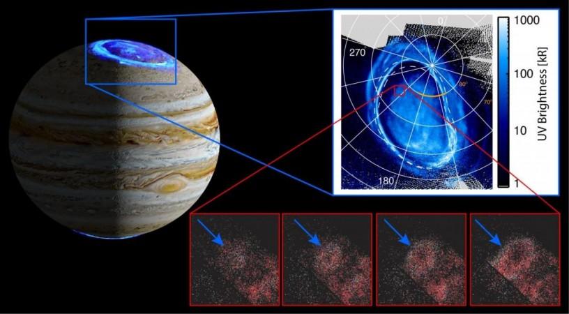 The SwRI-led Ultraviolet Spectrograph (UVS) orbiting Jupiter aboard NASA's Juno spacecraft allowed scientists to discover faint aurora features likely triggered by charged particles coming from the edge of Jupiter's massive magnetosphere. This occurrence, shown in the false color series of images recorded 30 seconds apart (red panels), displays the characteristically ring-like emissions, expanding rapidly over time / NASA Jupiter rings