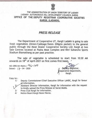 Letter issued by authorities to distribute fresh vegetables