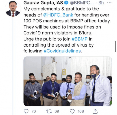 HDFC Bank hands over 100 PoS machines to collect fines; BBMP chief poses without mask