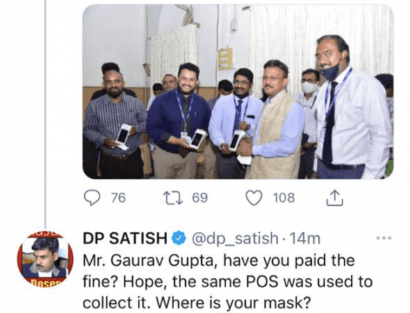 HDFC Bank hands over 100 PoS machines to collect fines; BBMP chief poses without mask