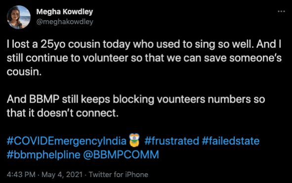 BBMP COVID war rooms blocking volunteers' numbers; alleges worker who lost relative