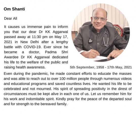 Dr KK Aggarwal Dr KK Aggarwal dead