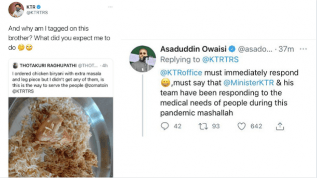It took a Biryani SOS for Owaisi to acknowledge KTR's Twitter help