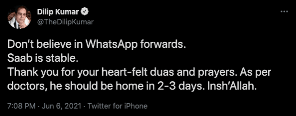 Dilip Kumar is alive, not dead