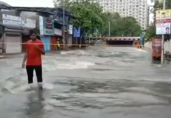 Monsoon rain water on road in Mumbai Mumabi rainwater on road