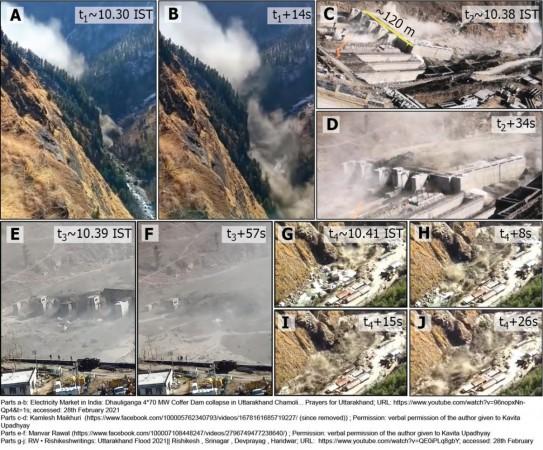 Sample video frames used to analyze flood velocity and discharge: (A and B) Flow front arrives and rushes through the valley upstream of the Rishiganga project (location P1 in Fig. 4). (C) Flow front arrives at Tapovan project's dam (location P3). (D) The reservoir is being filled quickly; spillways are damaged. (E) The dam is overtopped. (F) Collapse of remaining structures. (G to J) Flow front proceeds down the valley below the Tapovan dam (location P4); spreading into the village in (J). Avalanche