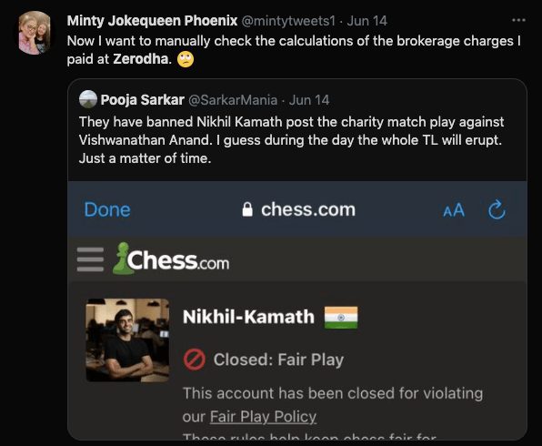 Zerodha co-founder is back on chess.com